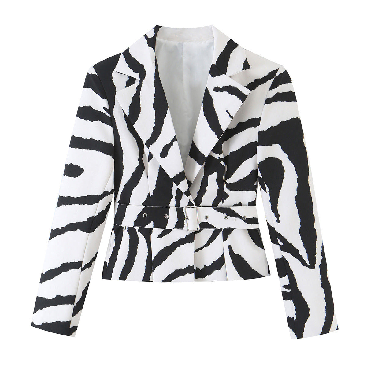 Black and white zebra-print cropped jacket with notched lapels and a matching buckle belt, front view.
