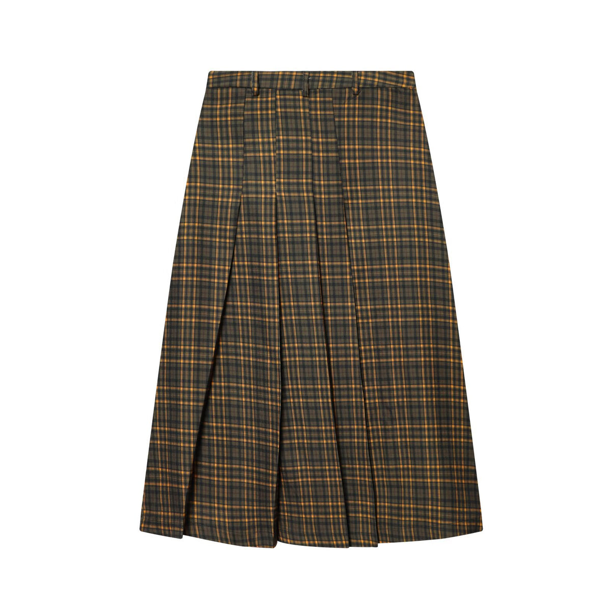 Back view of a dark olive plaid midi skirt with broad pleats.