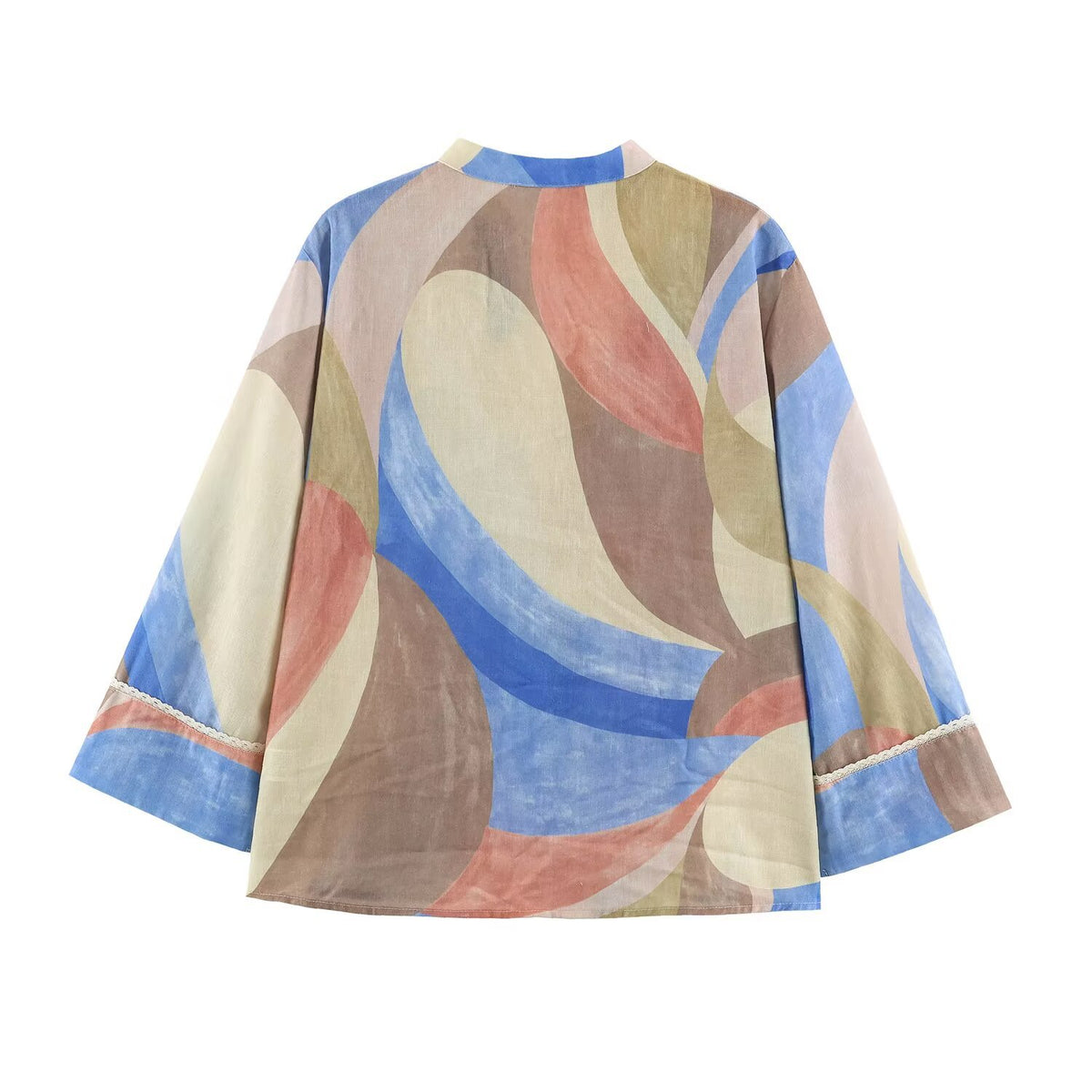 Back view of a pastel abstract-print shirt with wide three-quarter sleeves.