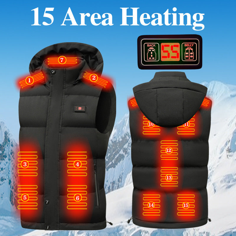 Black hooded vest front and back diagrams showing illustrated heating zones and a digital controller.