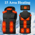 Black hooded vest front and back diagrams showing illustrated heating zones and a digital controller.