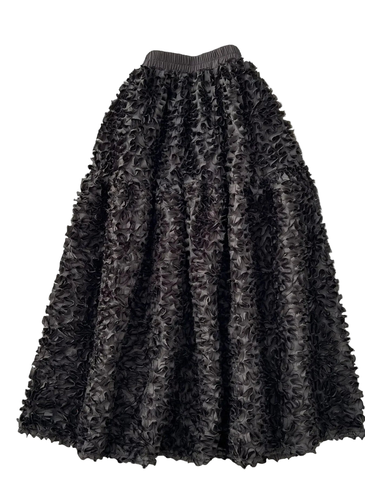 Black A-line midi skirt with raised ruffled flower texture and a gathered elastic waistband, front view.