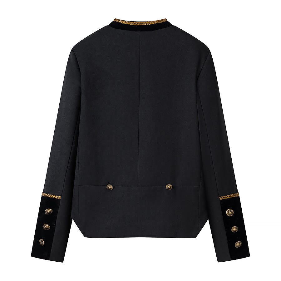Back view of a black jacket with gold collar trim, cuff buttons, and two buttons above the longer back hem.