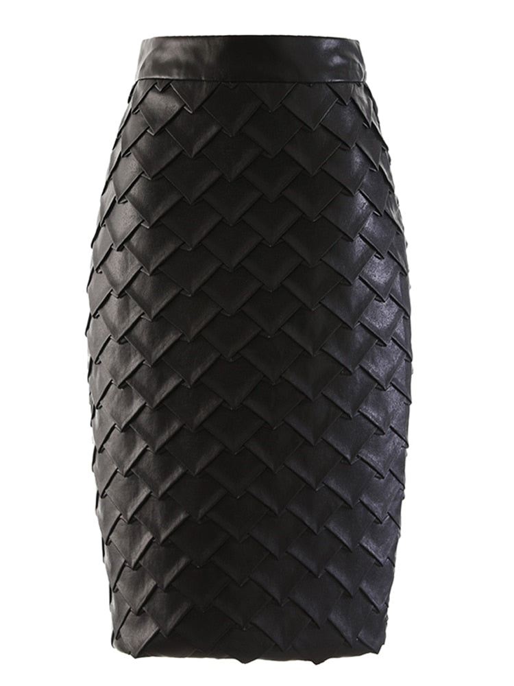 Black pencil skirt with overlapping diamond-shaped panels and a smooth waistband, front view.