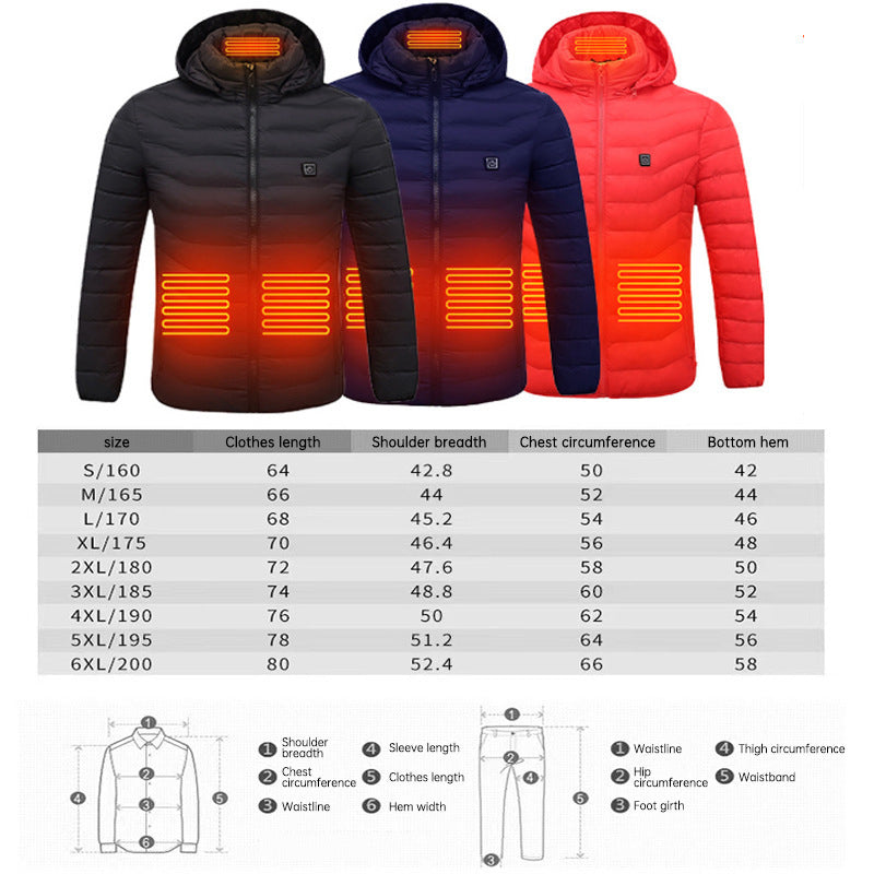 Black, navy, and red hooded jackets above a supplier size table and body measurement diagrams.