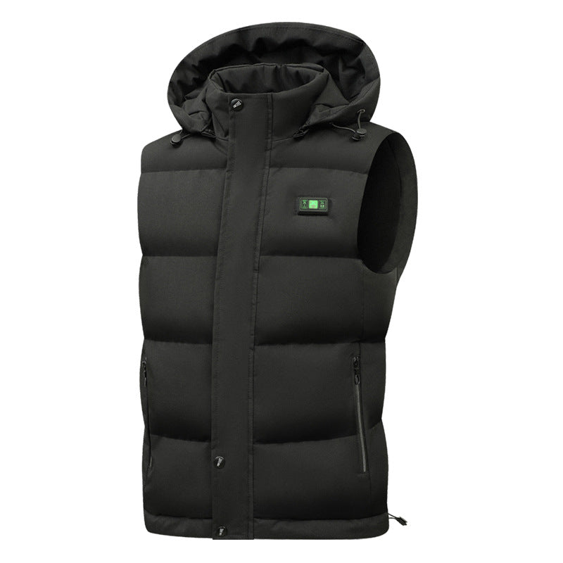 Black padded hooded vest with a chest controller and zippered side pockets, front view.