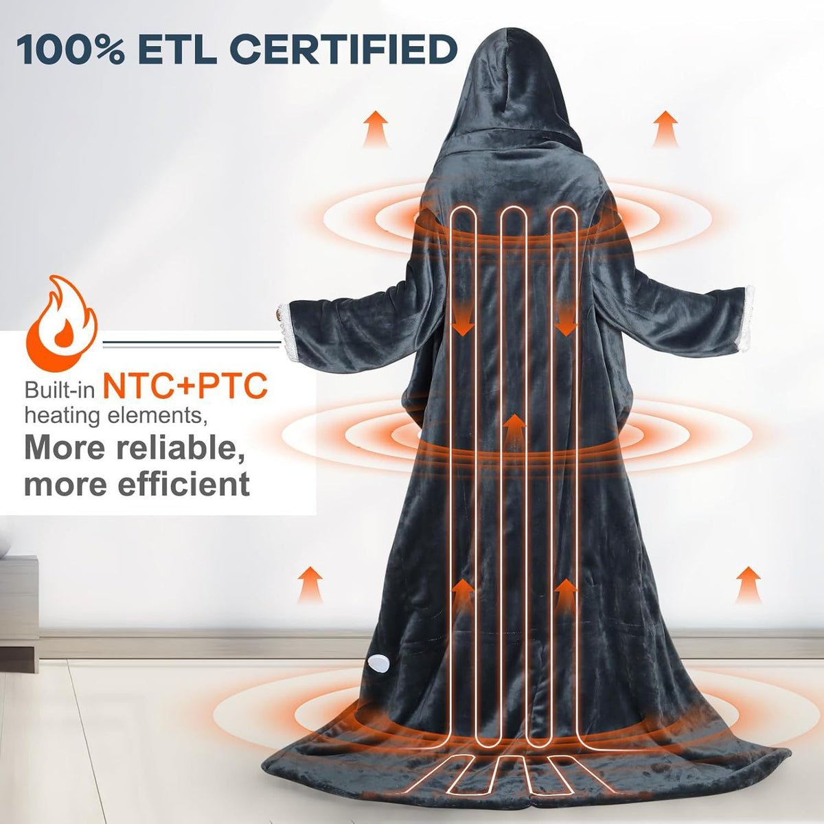 Rear view of a gray hooded blanket with an illustrated heating layout and supplier certification text.