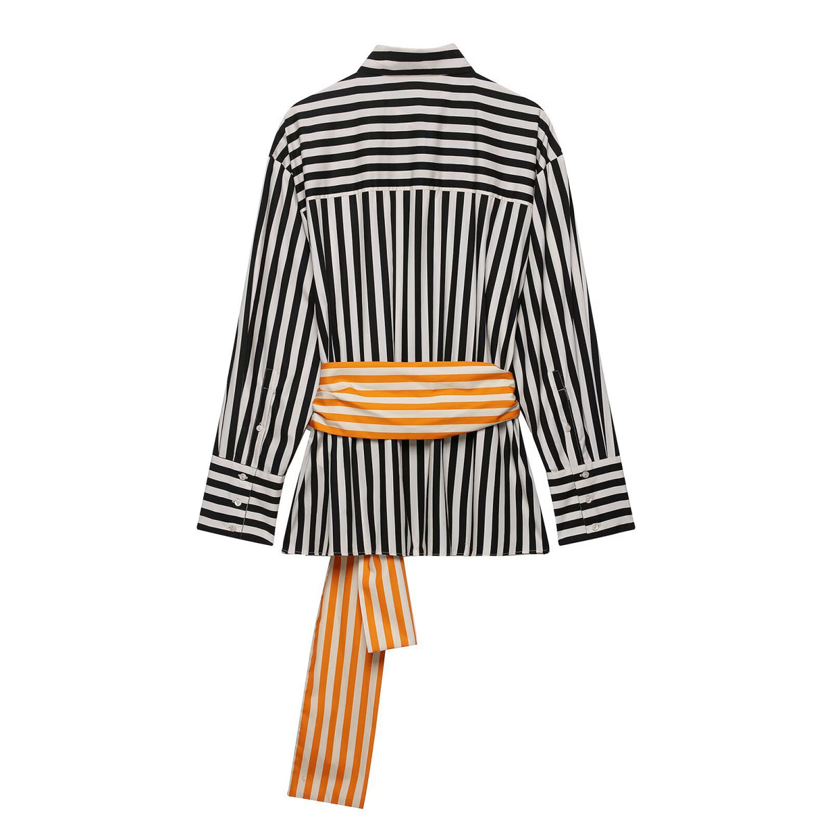 Back view of a black and white striped shirt with an orange and white striped waist tie.