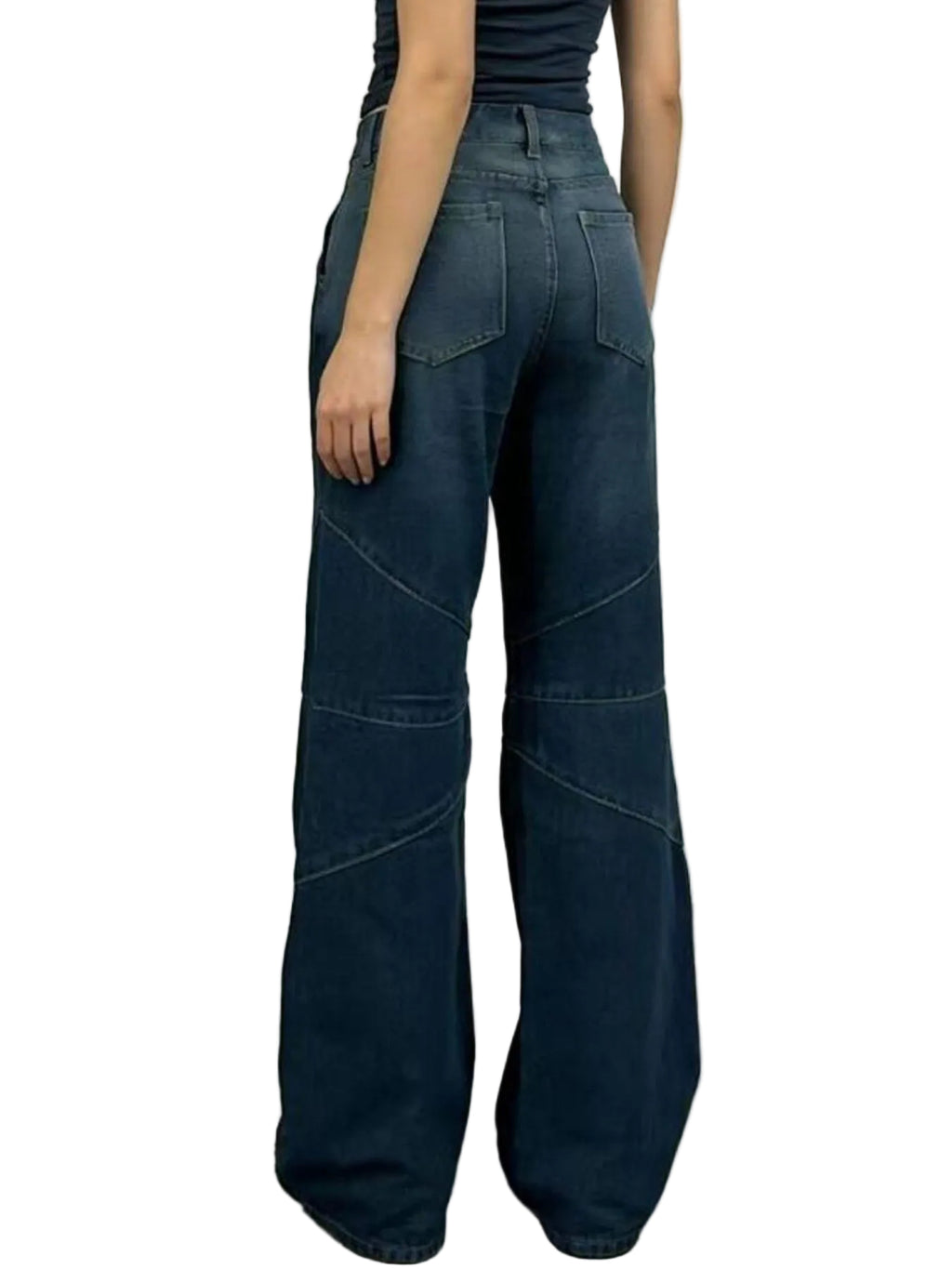 Rear angled view of dark blue wide-leg jeans showing back patch pockets and curved leg seams.