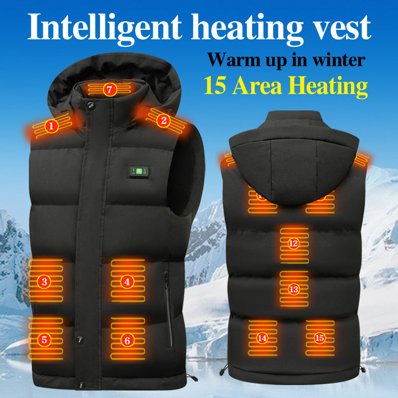 Black hooded vest front and back diagrams with illustrated heating zones and promotional text.
