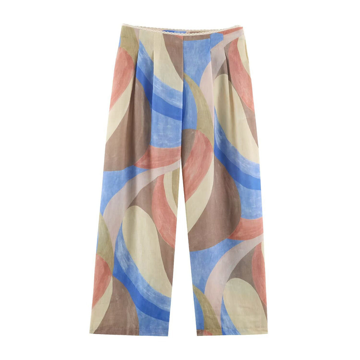 Pastel abstract-print wide-leg pants with a smooth waistband and front pleats, front view.