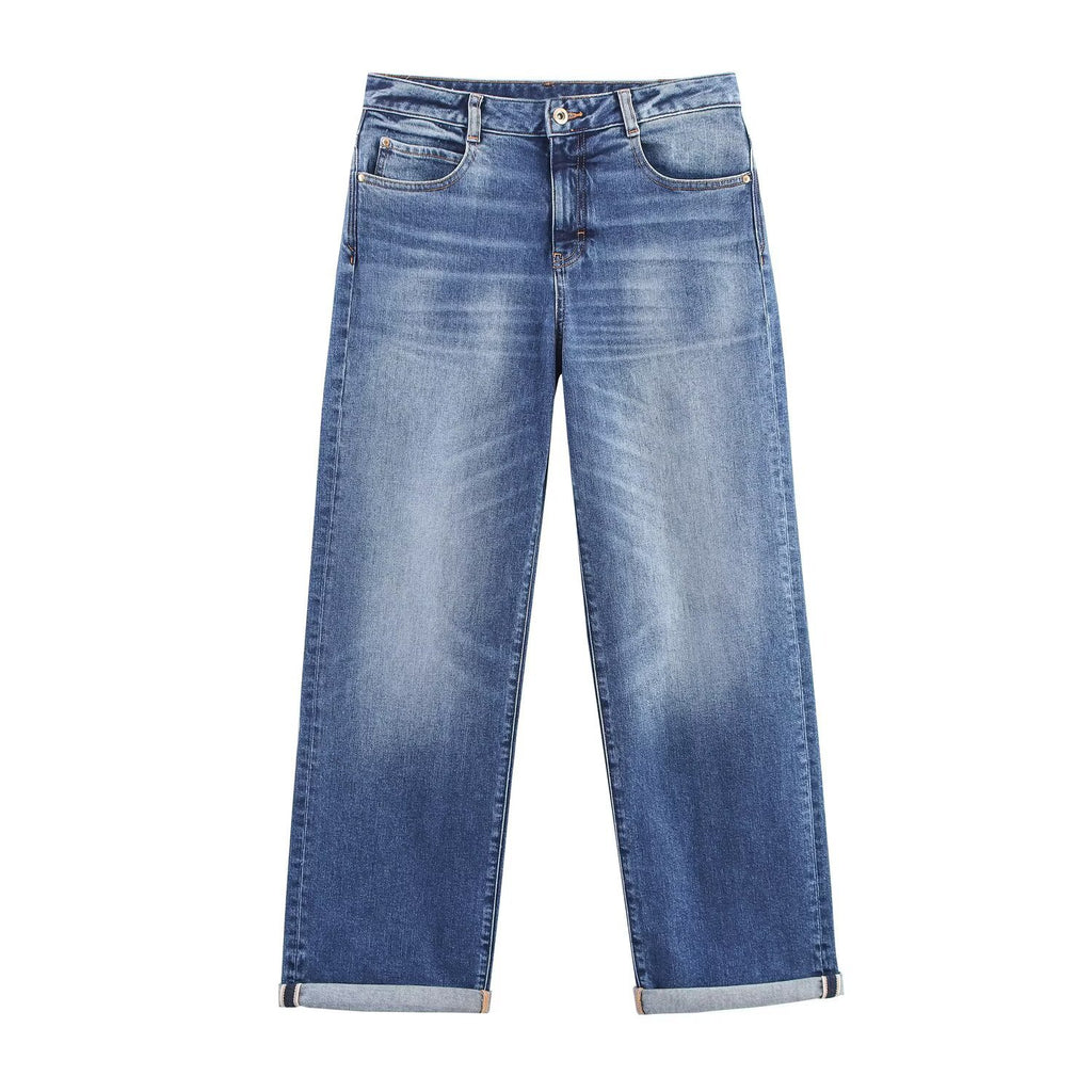 Blue wide-leg jeans with faded front panels, belt loops, and cuffed hems, front view.