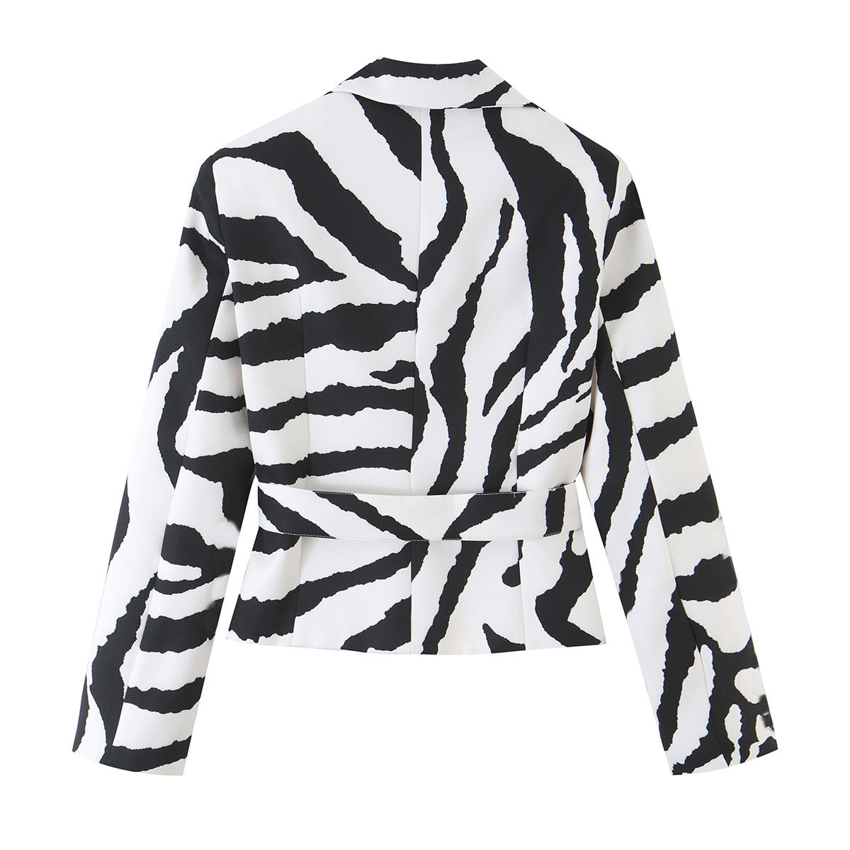 Back view of a black and white zebra-print cropped jacket with a matching waist belt.
