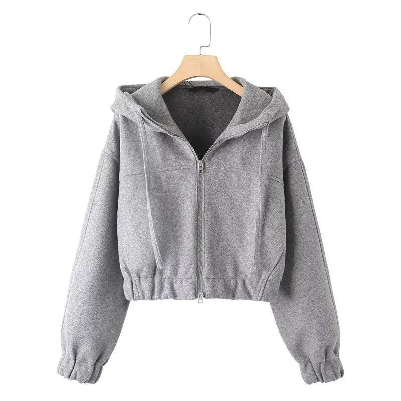 Gray cropped zip-front hoodie with a drawstring hood, gathered cuffs, and elastic hem, front view.