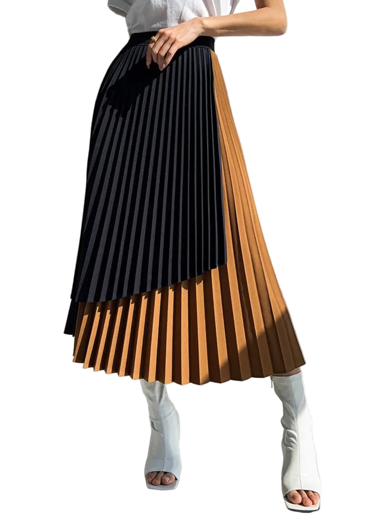 Angled front view of a black and caramel pleated midi skirt with an asymmetric overlay.