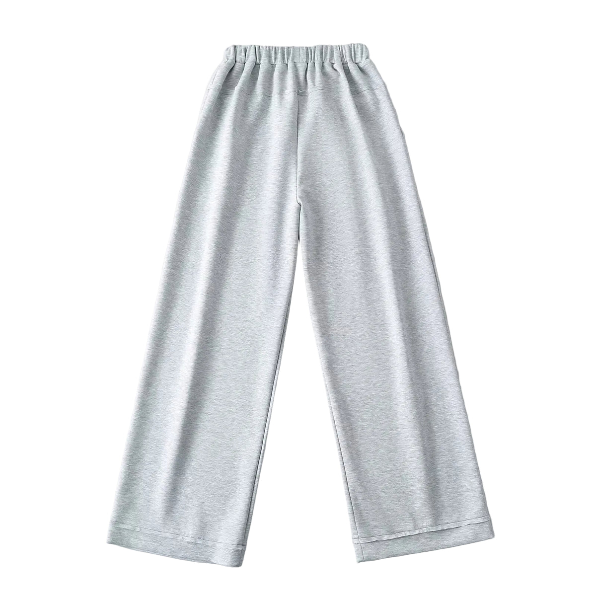 Back view of light gray wide-leg pants with a gathered elastic waistband.