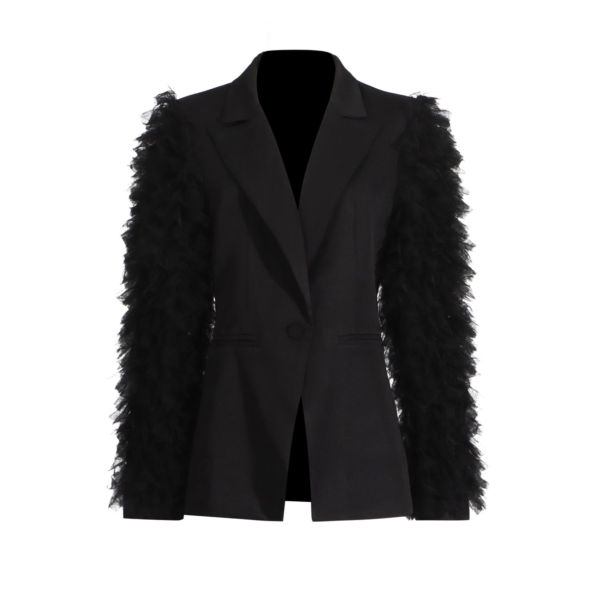 Black blazer with notched lapels and layered tulle ruffles down the sleeves, product view.