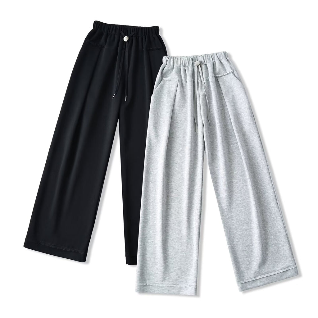 Black and light gray wide-leg drawstring pants displayed side by side.