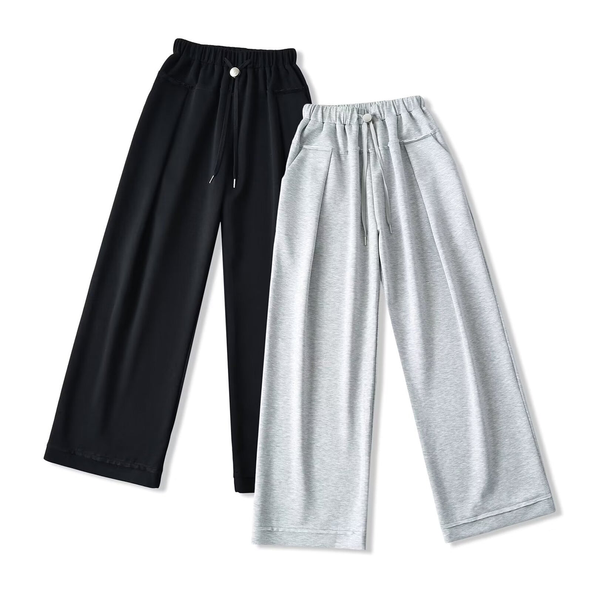 Black and light gray wide-leg drawstring pants displayed side by side.