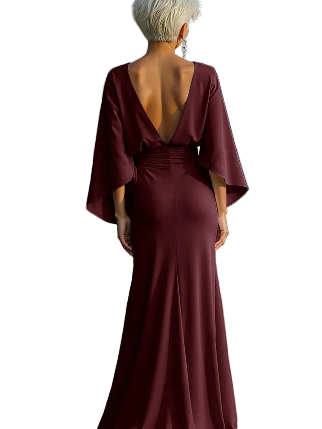 Back view of a burgundy gown with a deep V-back, wide draped sleeves, and a ruched waist.