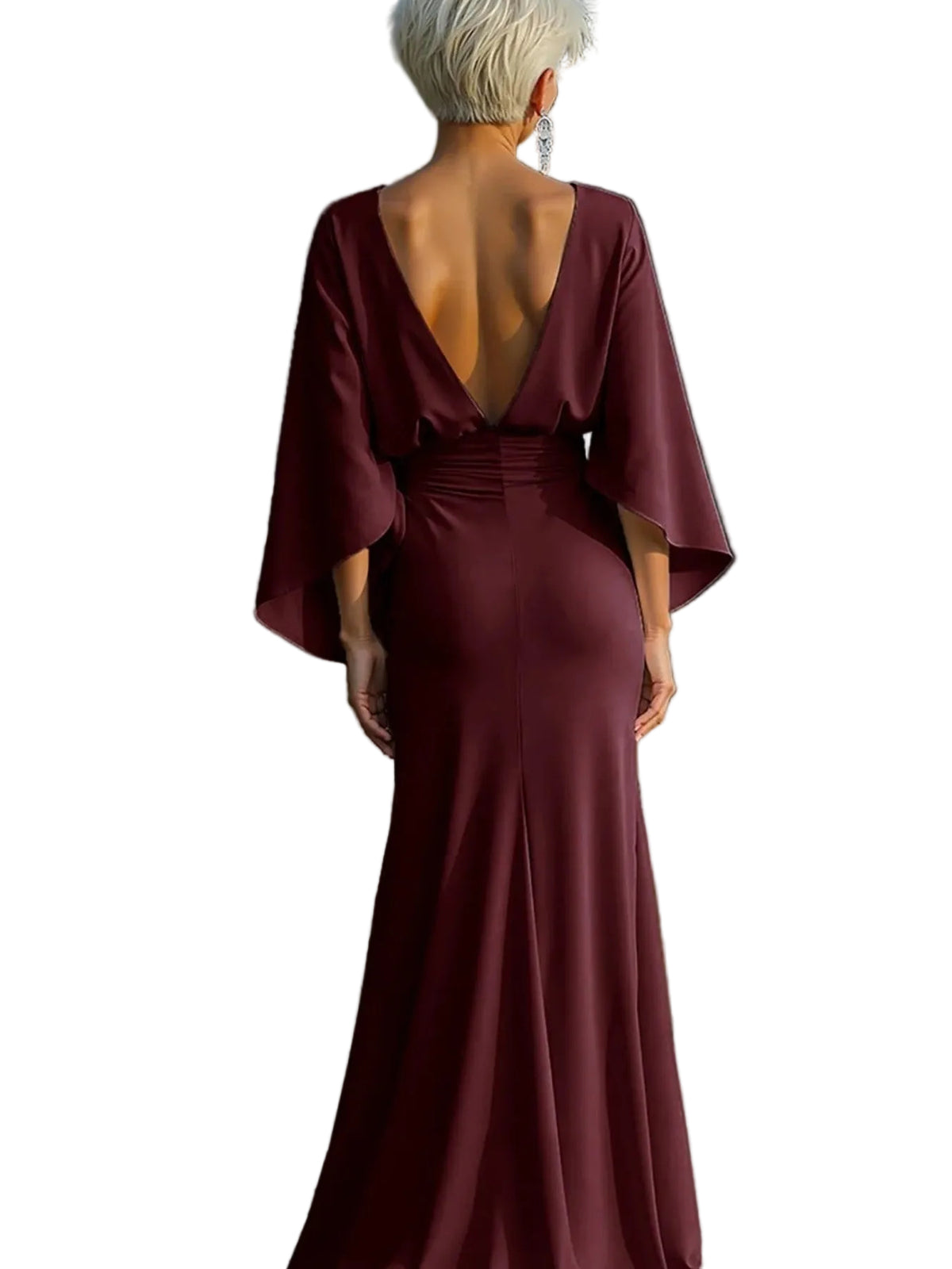 Back view of a burgundy gown with a deep V-back, wide draped sleeves, and a ruched waist.
