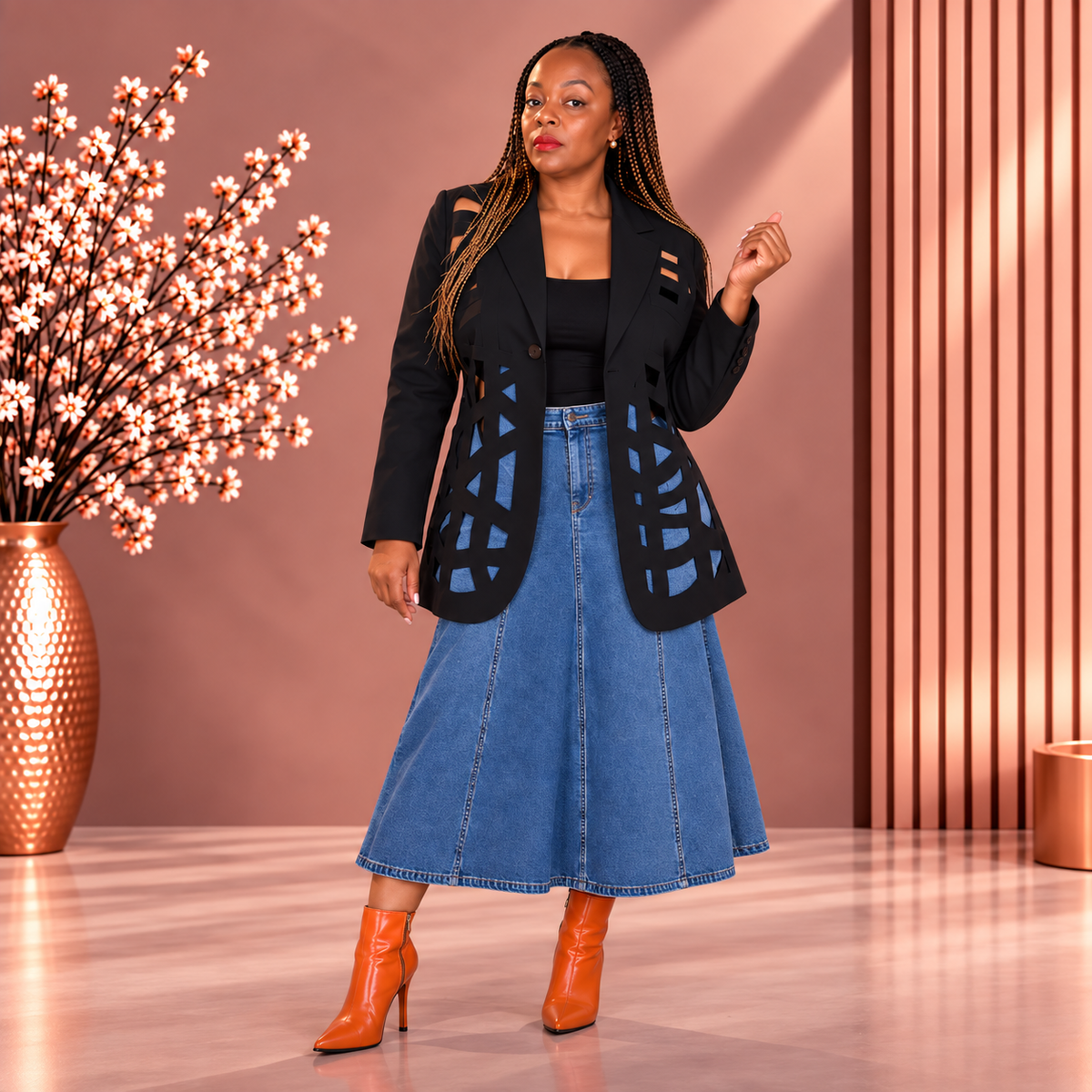 Model wearing a black blazer with geometric cutouts over a black top and denim midi skirt, front view.