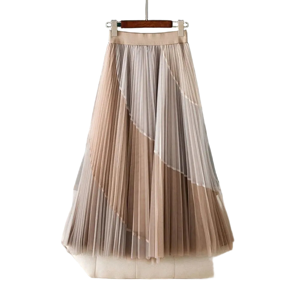 Beige and taupe color-block pleated midi skirt with a visible lining, hanging front view.