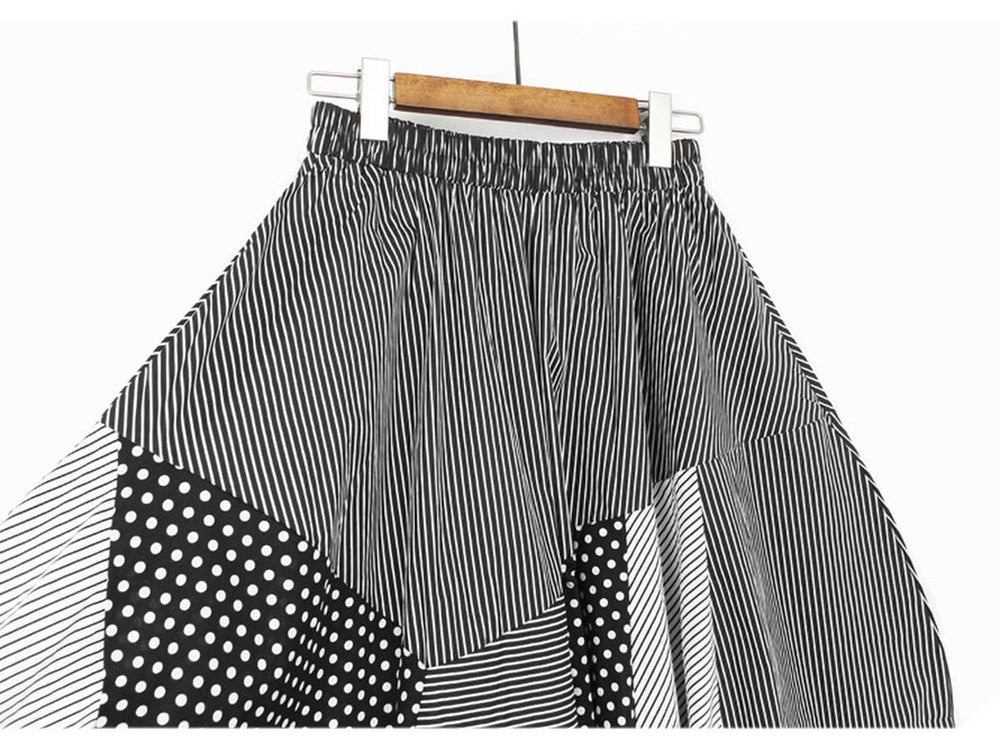Close-up of the elastic waistband and striped and polka-dot panels on a black and white skirt.