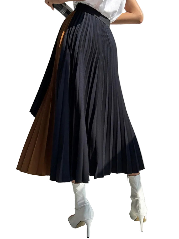 Back view of a black and caramel pleated midi skirt with a wide waistband.