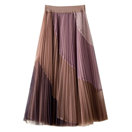 Mauve and brown pleated midi skirt with diagonal color-block panels, front view.