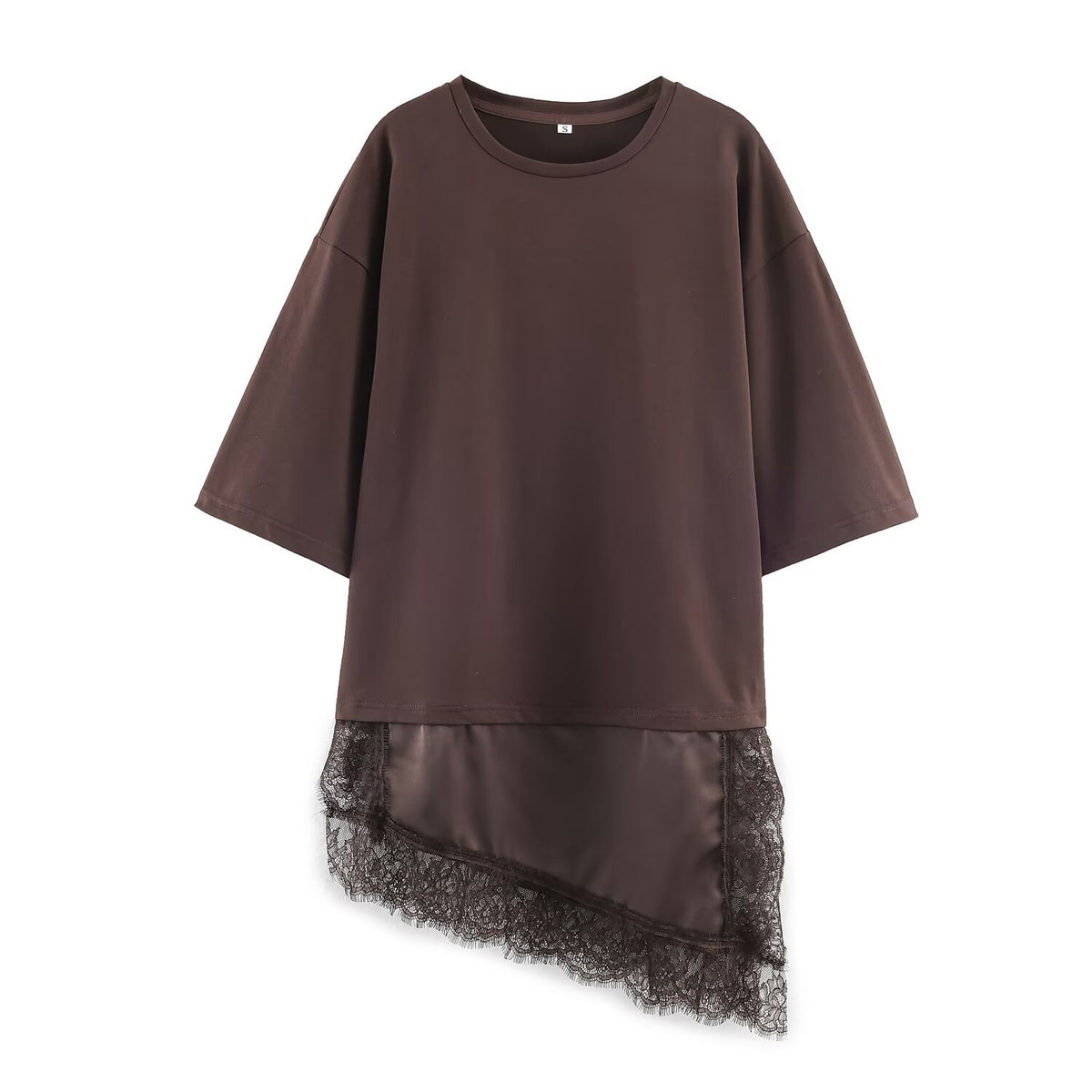 Brown short-sleeve crewneck T-shirt with an asymmetric sheer lace-trimmed hem, front view.