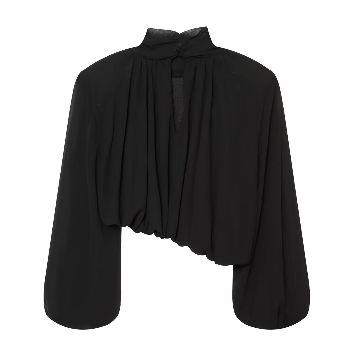 Back view of a black high-neck blouse with a button closure, balloon sleeves, and asymmetric gathered hem.