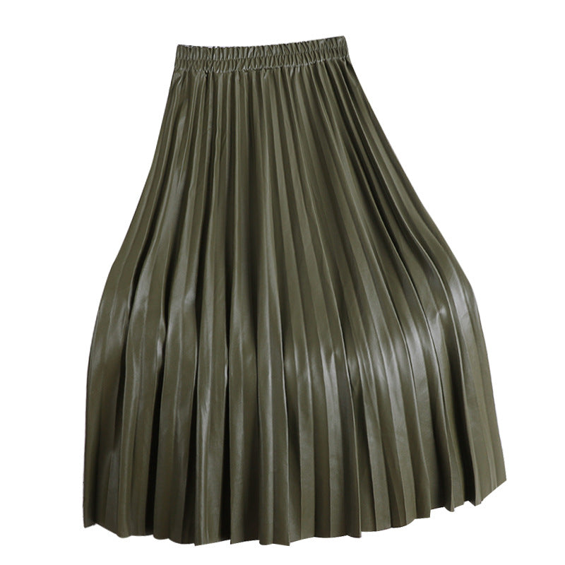 Olive green pleated midi skirt with a gathered elastic waistband, product view.