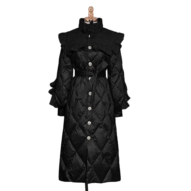 Black diamond-quilted long coat with a ruffled shoulder yoke, waist tie, and silver buttons, front view.
