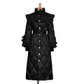 Black diamond-quilted long coat with a ruffled shoulder yoke, waist tie, and silver buttons, front view.