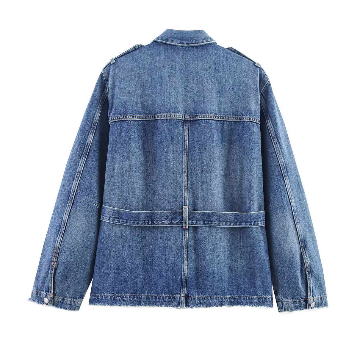 Back view of a blue denim jacket showing shoulder tabs, a waist belt, and buttoned cuffs.