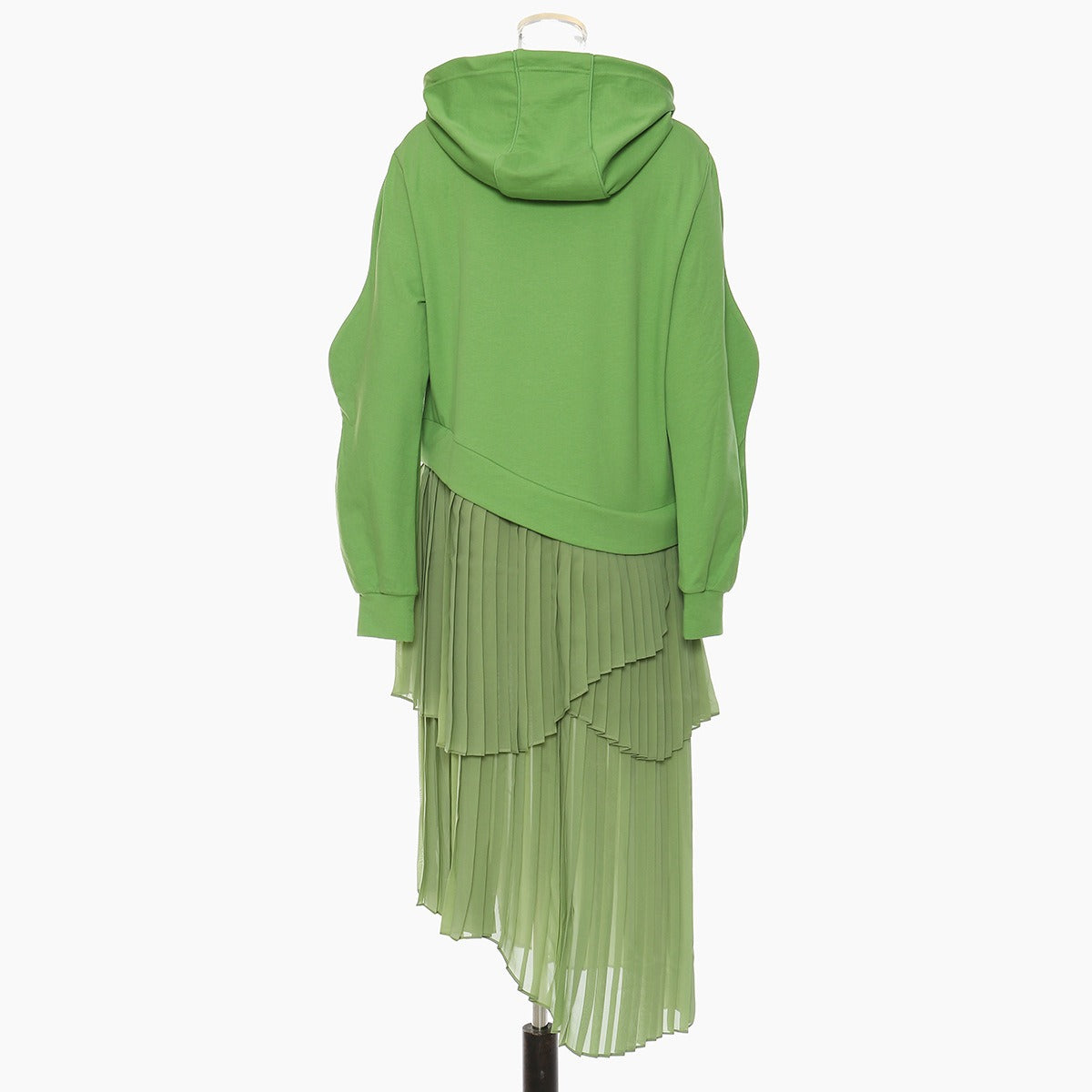 Back view of a green hoodie dress with a layered asymmetric pleated skirt.