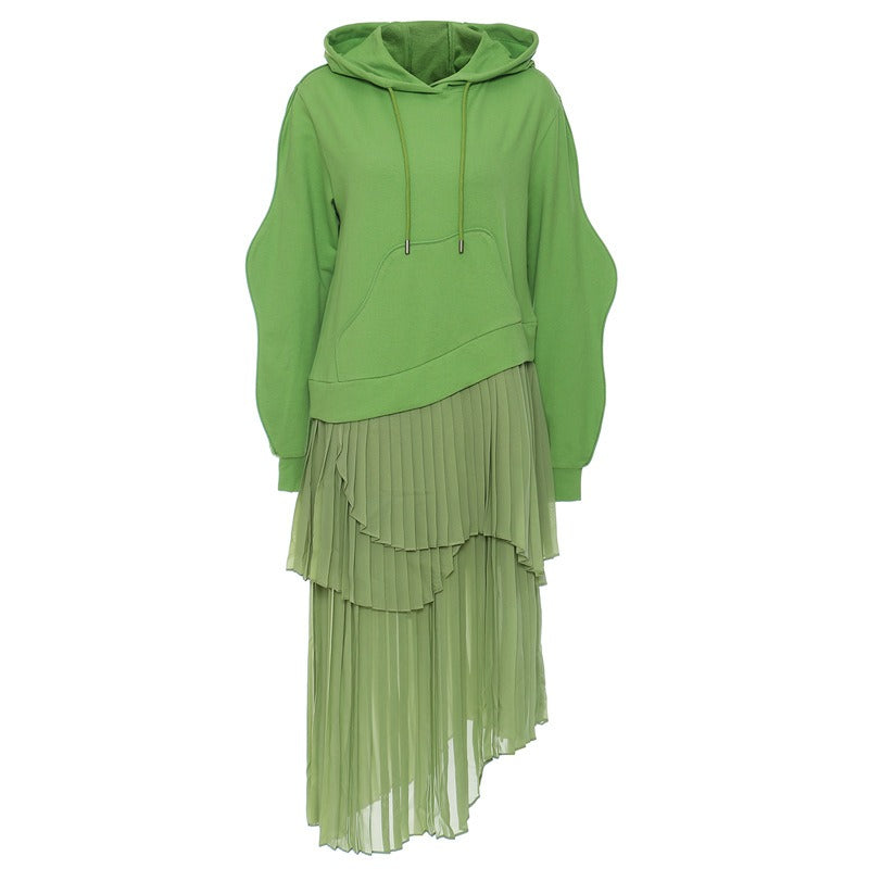Green hoodie dress with a front pouch pocket, curved sleeves, and asymmetric pleated skirt, front view.