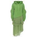 Green hoodie dress with a front pouch pocket, curved sleeves, and asymmetric pleated skirt, front view.