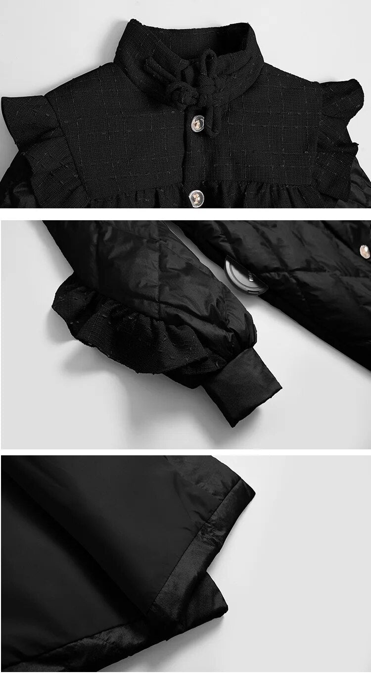 Detail collage of the black coat's stand collar, buttons, ruffled cuff, and quilted hem.