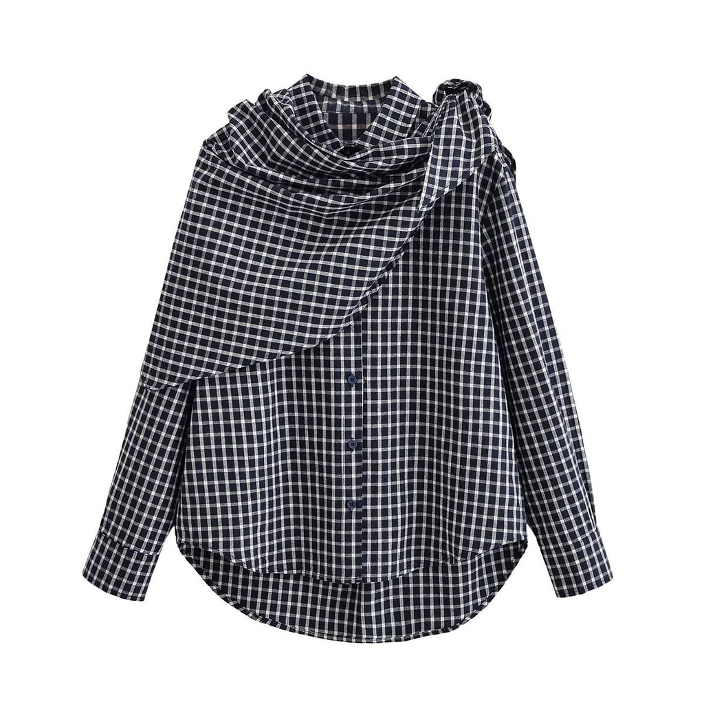 Black and white checked button-front shirt with a draped matching scarf tied at one shoulder, front view.