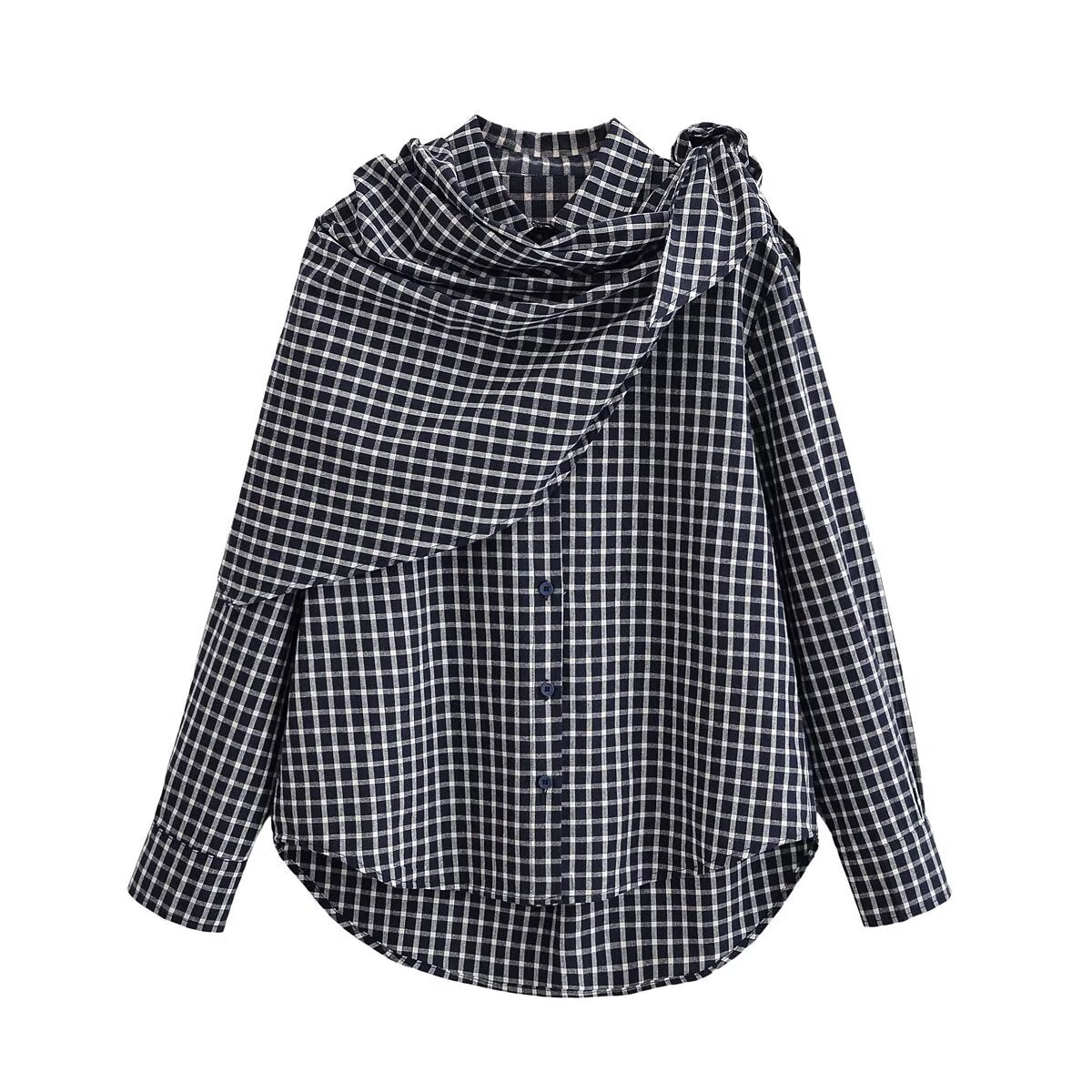Black and white checked button-front shirt with a draped matching scarf tied at one shoulder, front view.