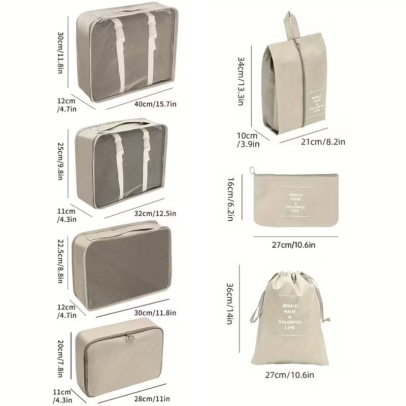 Beige travel organizer dimension chart showing seven bags, their shapes, and measurements in inches.