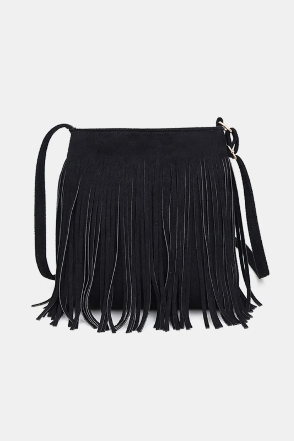 Black rectangular shoulder bag with long fringe across the front and a slim strap, front view.