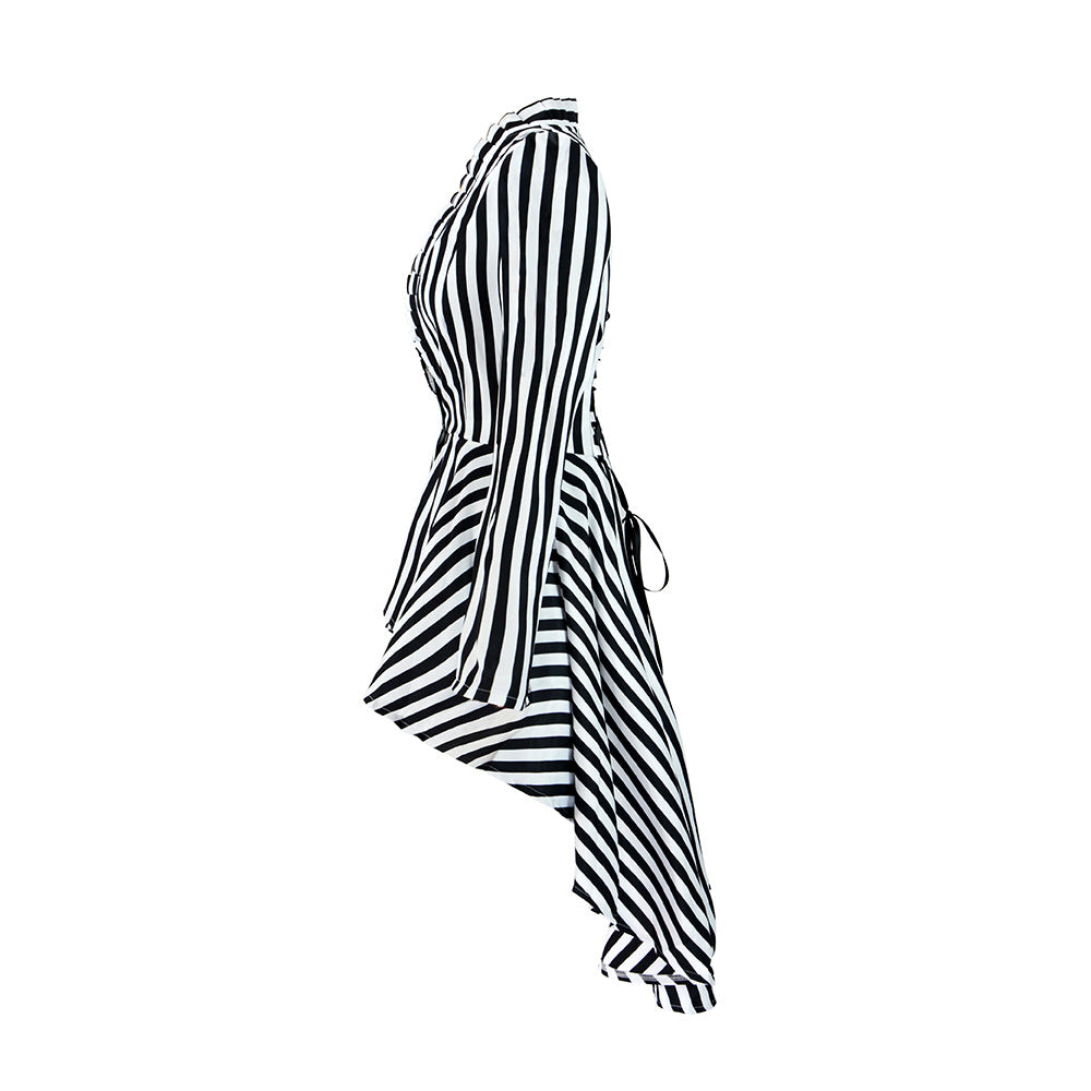 Side view of a black and white striped tailcoat with long sleeves and a long back hem.