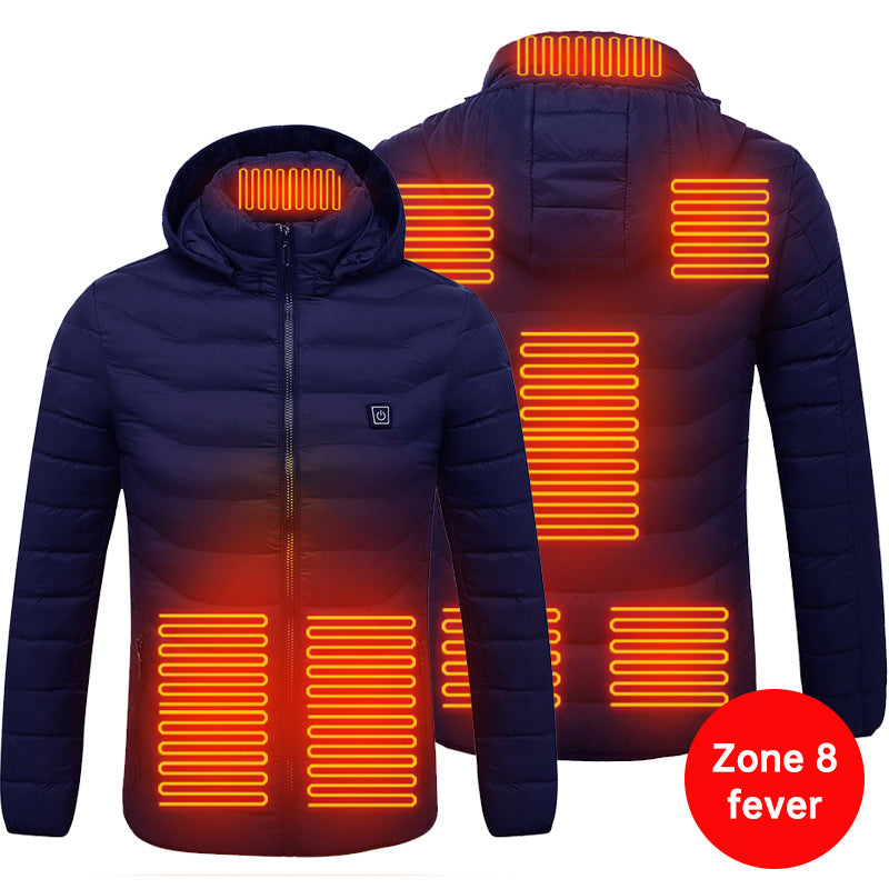 Navy hooded jacket front and back views with illustrated orange heating zones.