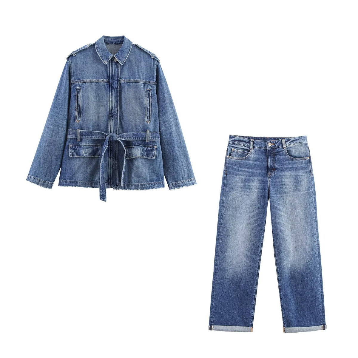 Blue belted denim jacket and matching wide-leg jeans with cuffed hems, front view.