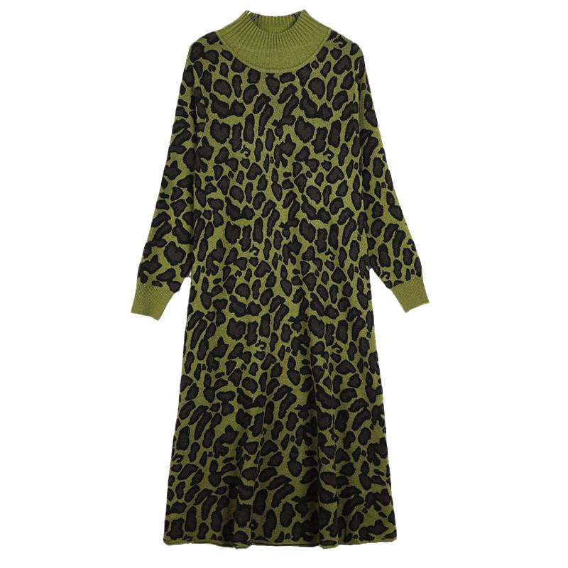 Olive and black leopard-print long-sleeve sweater dress with a ribbed high neckline, front view.