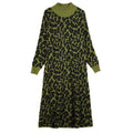 Olive and black leopard-print long-sleeve sweater dress with a ribbed high neckline, front view.
