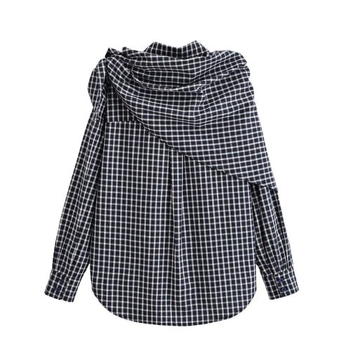 Back view of a black and white checked shirt with a matching scarf draped across the shoulders.